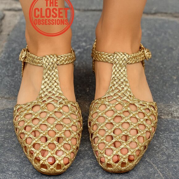 RARE!!! ZARA Metallic Gold Woven Flats NWT Blogger Fave π - Picture 2 of 16